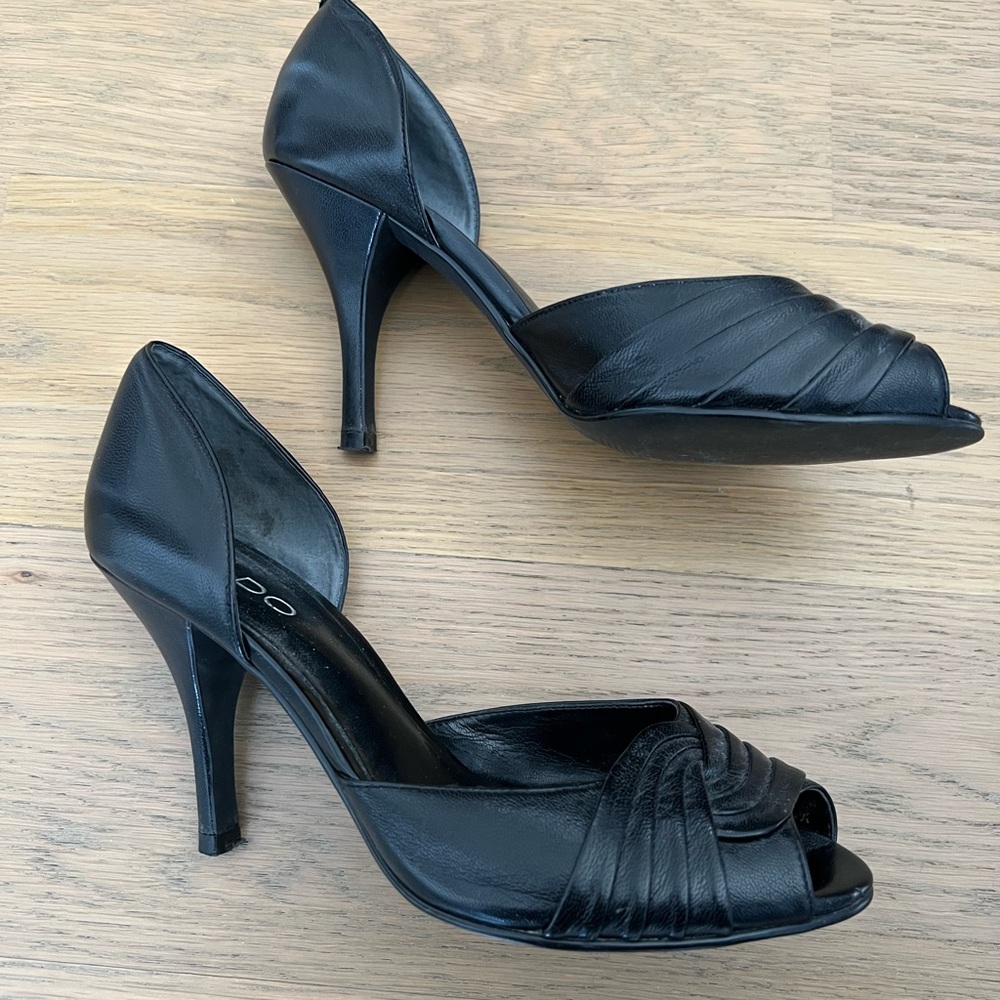 ALDO 3.5” Black Leather Peep-Toe Heels